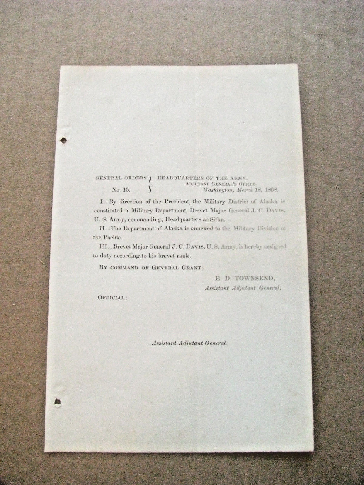  SITKA ALASKA TERRITORY US GRANT MILITARY ORDER 1868