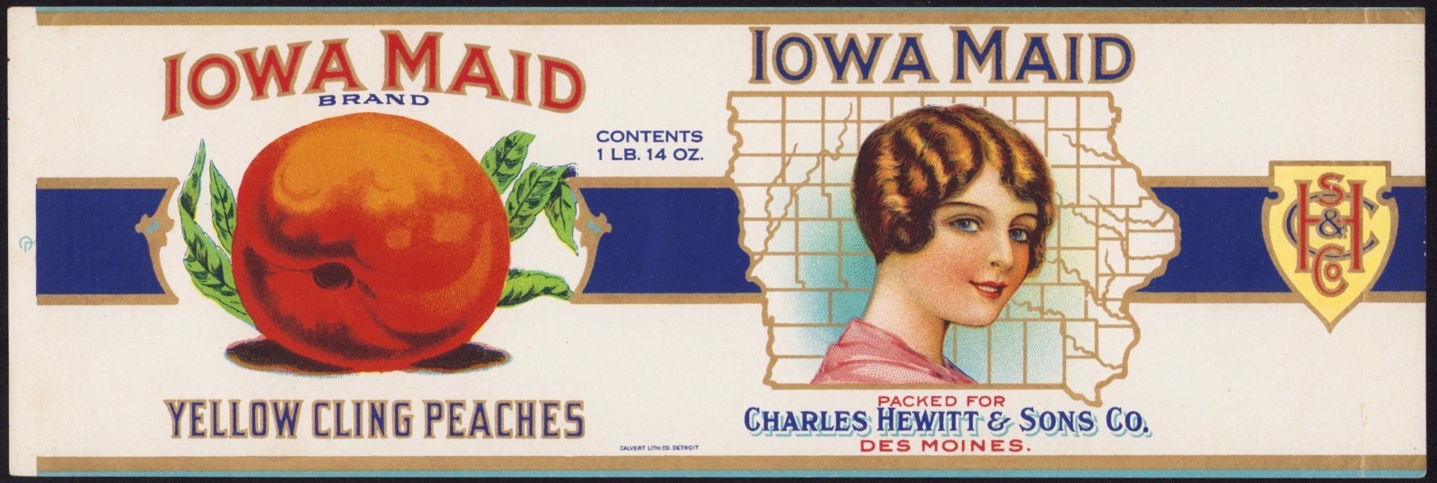 IOWA MAID authentic vintage can label PEACHES Des Moines sample 1928 Calvert