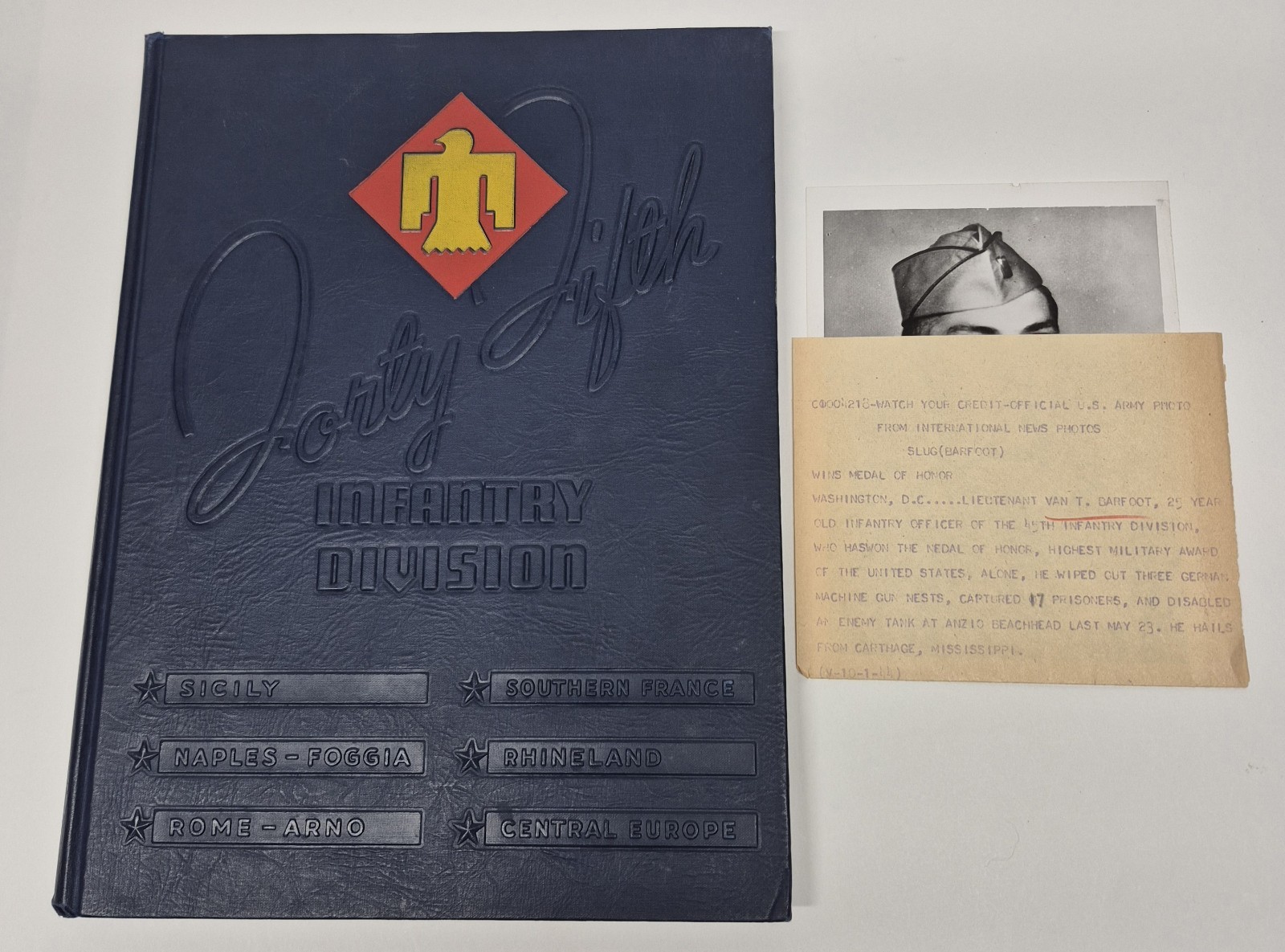 1946 Fighting Forty-Fifth 45th Inf Div Book + 1944 Van Barfoot MOH Press Photo