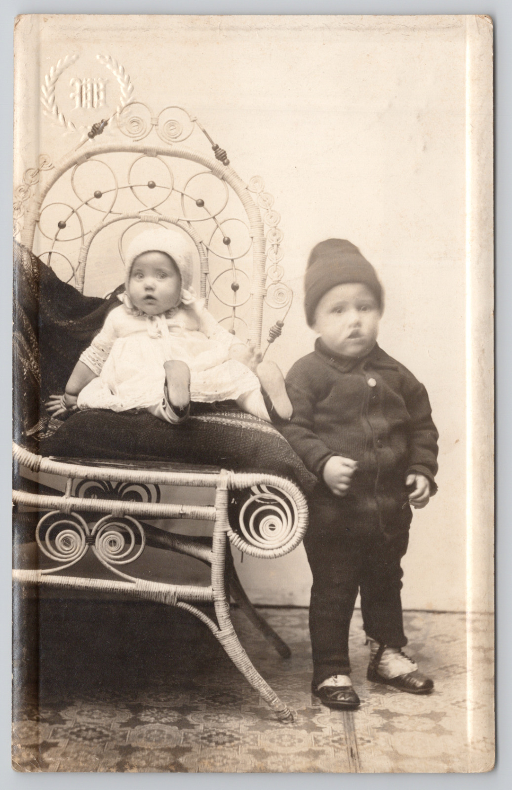 RPPC Little Boy And His Sister In Studio c1910  Real Photo Postcard