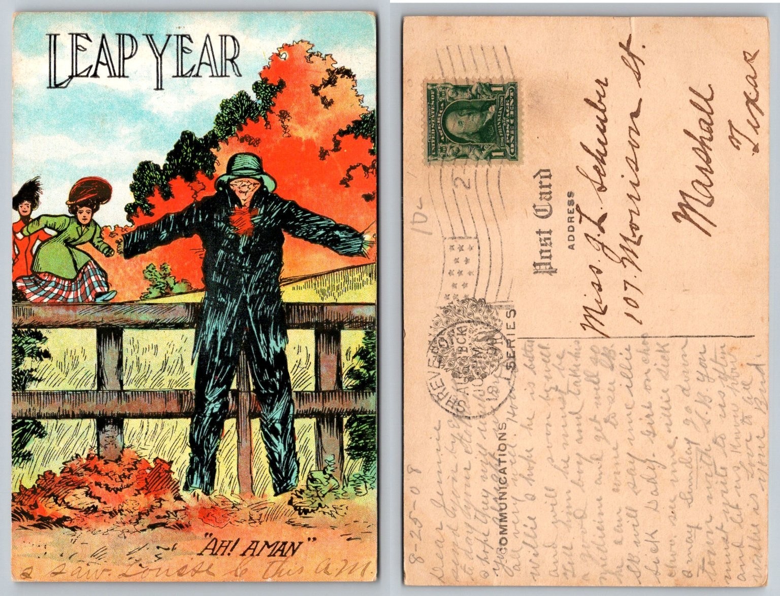 1908 Leap Year Postcard Comic Scarecrow Women Marshall Texas Posted