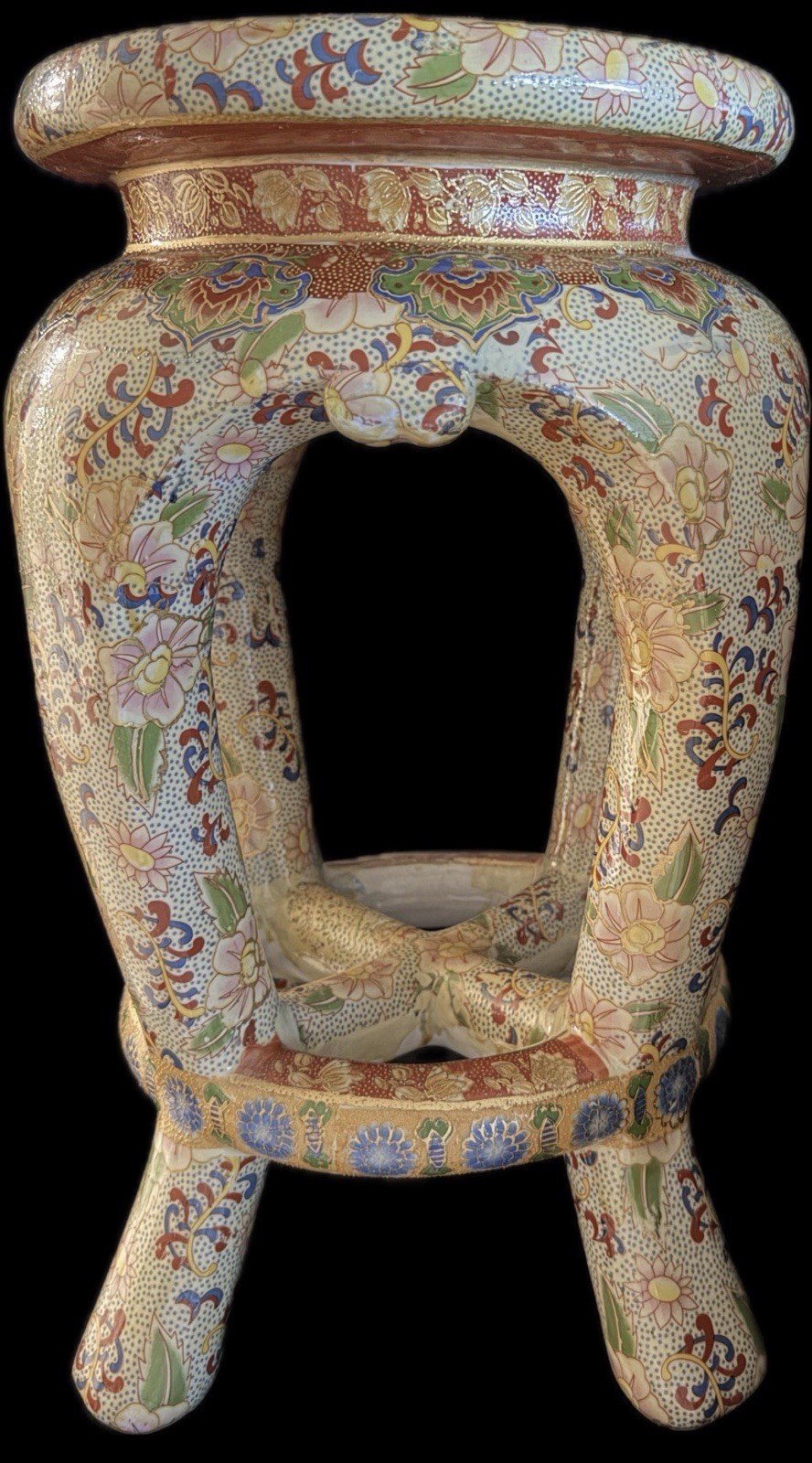 Large Vintage Japanese Satsuma Style Moriage Ceramic Garden Stool Plant Stand