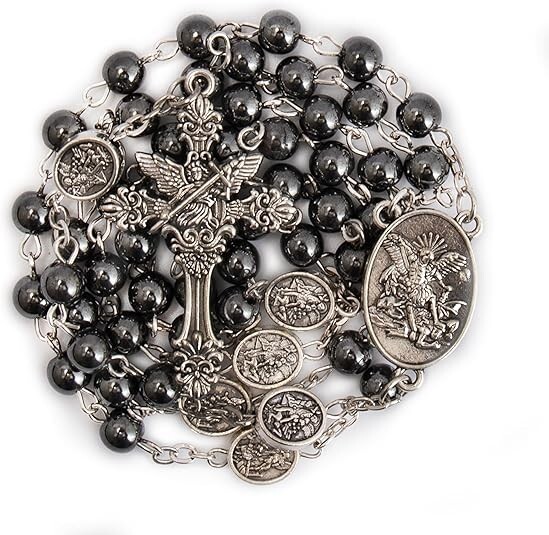 Silver St Michael Rosary Hematite Stone Beads Necklace Metal Beaded