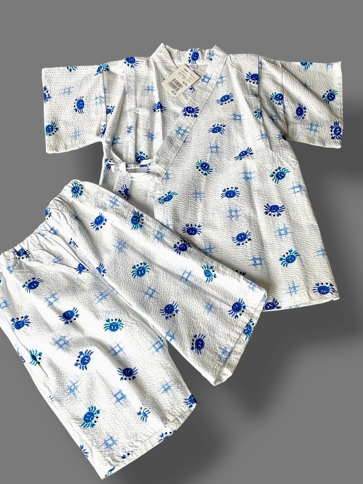 Japanese Kids Jenbei Cute Crab Print Seersucker Cotton Festival Set Size 120 NWT
