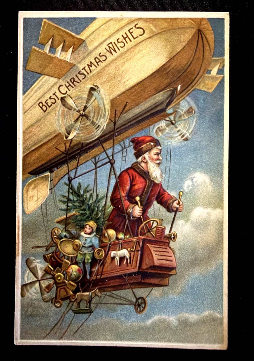 Rare~Santa Claus with Toys in Airship~Balloon~Zeppelin~Christmas Postcard~s568