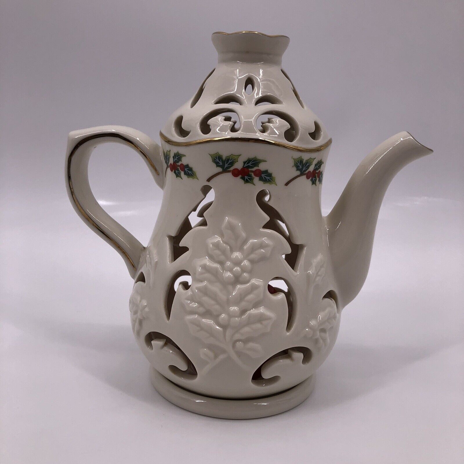 Partylite Holly and Ivy Teapot Candle Holder with Base Ivory Porcelain P7256