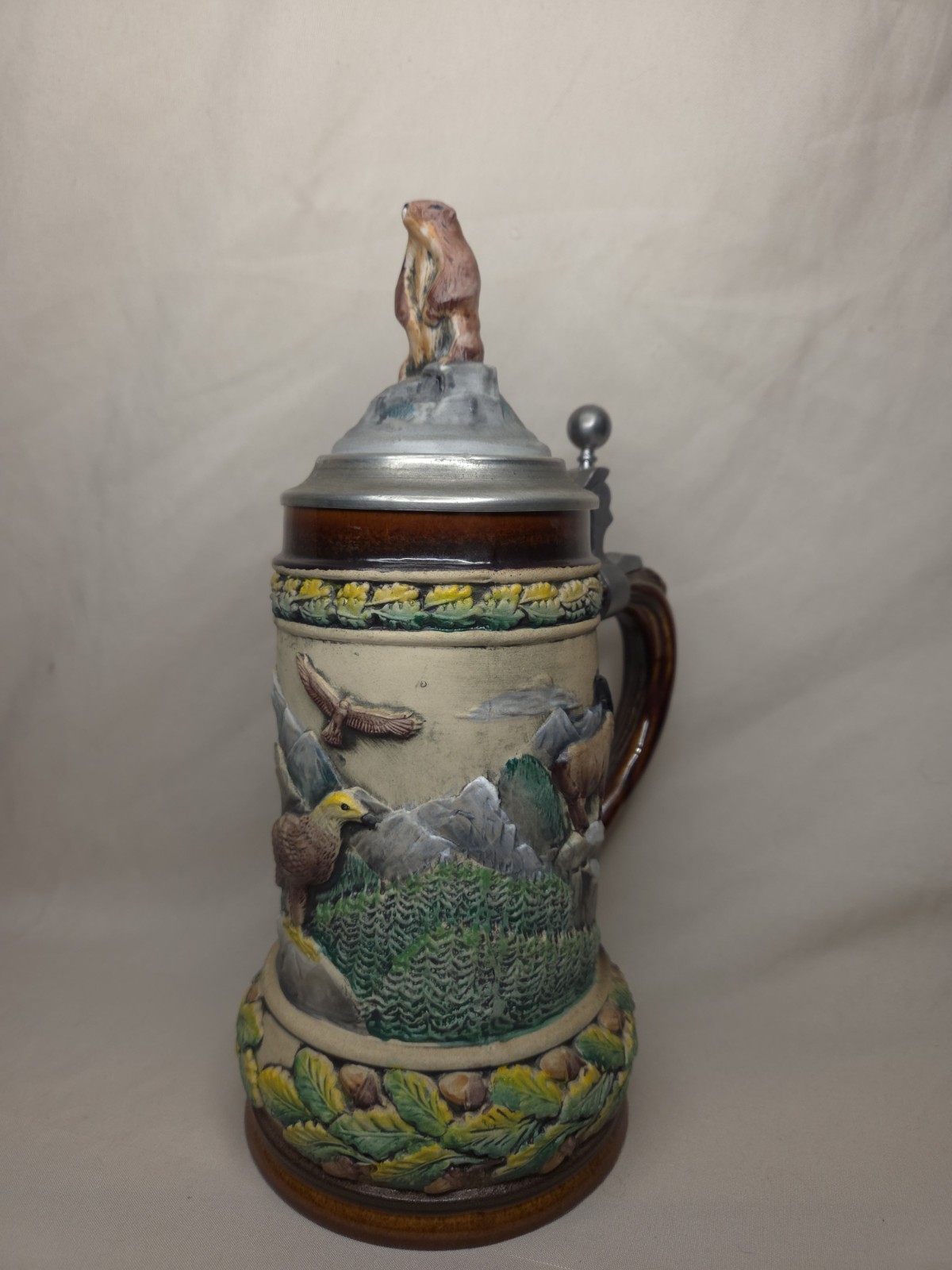 Vintage Beyer Made in Germany Beer Stein w Pewter Lid Marmot Alpine Scene RARE