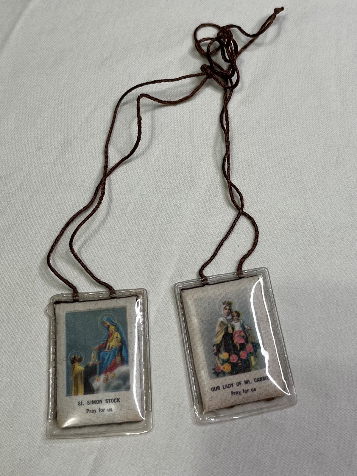Vintage Catholic Brown Scapular St Simon Stock Our Lady Mount Carmel Pair