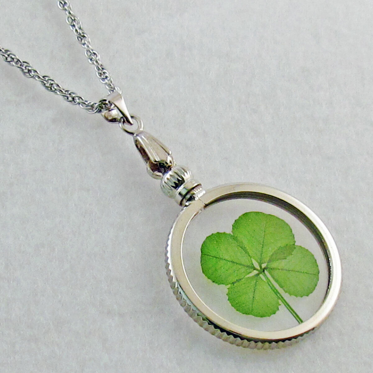 Good Luck Charm Silver Necklace with a Real Four Leaf Clover Item SN-4J