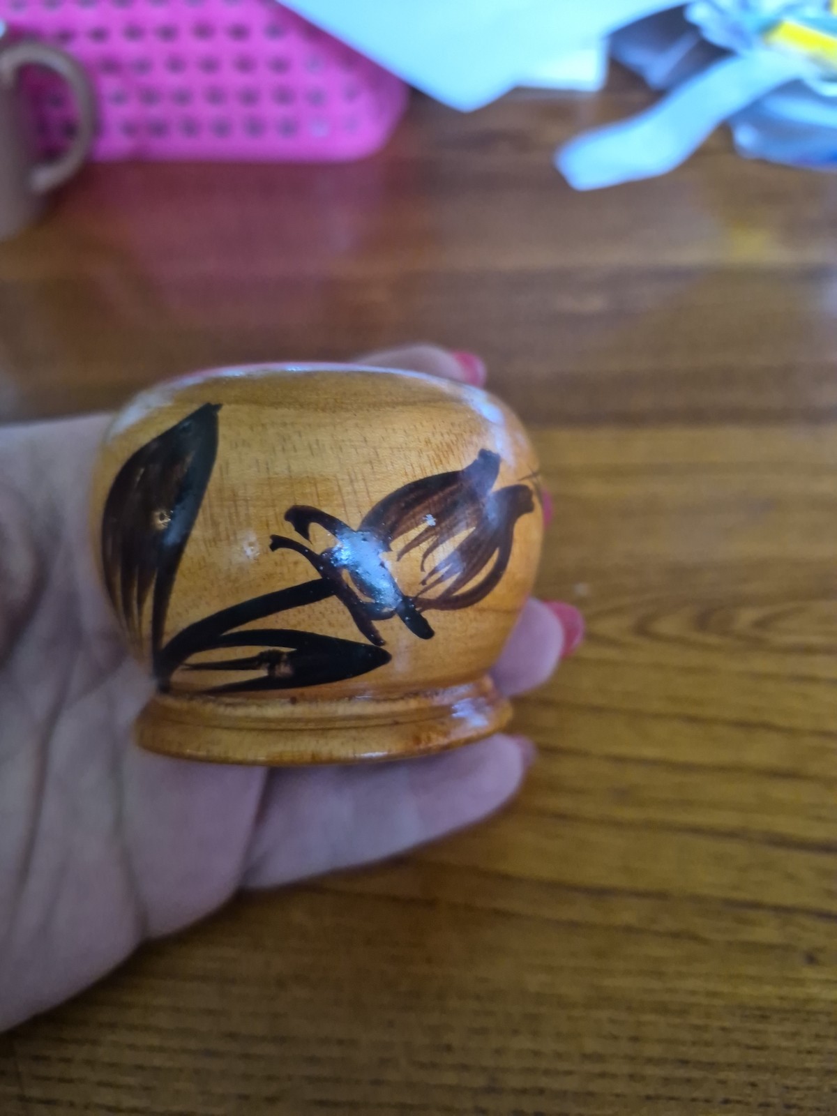 Vintage Hand Carved Wooden Mate Cup Gourd Burned Leaf Motif Haiti Caribbean Folk