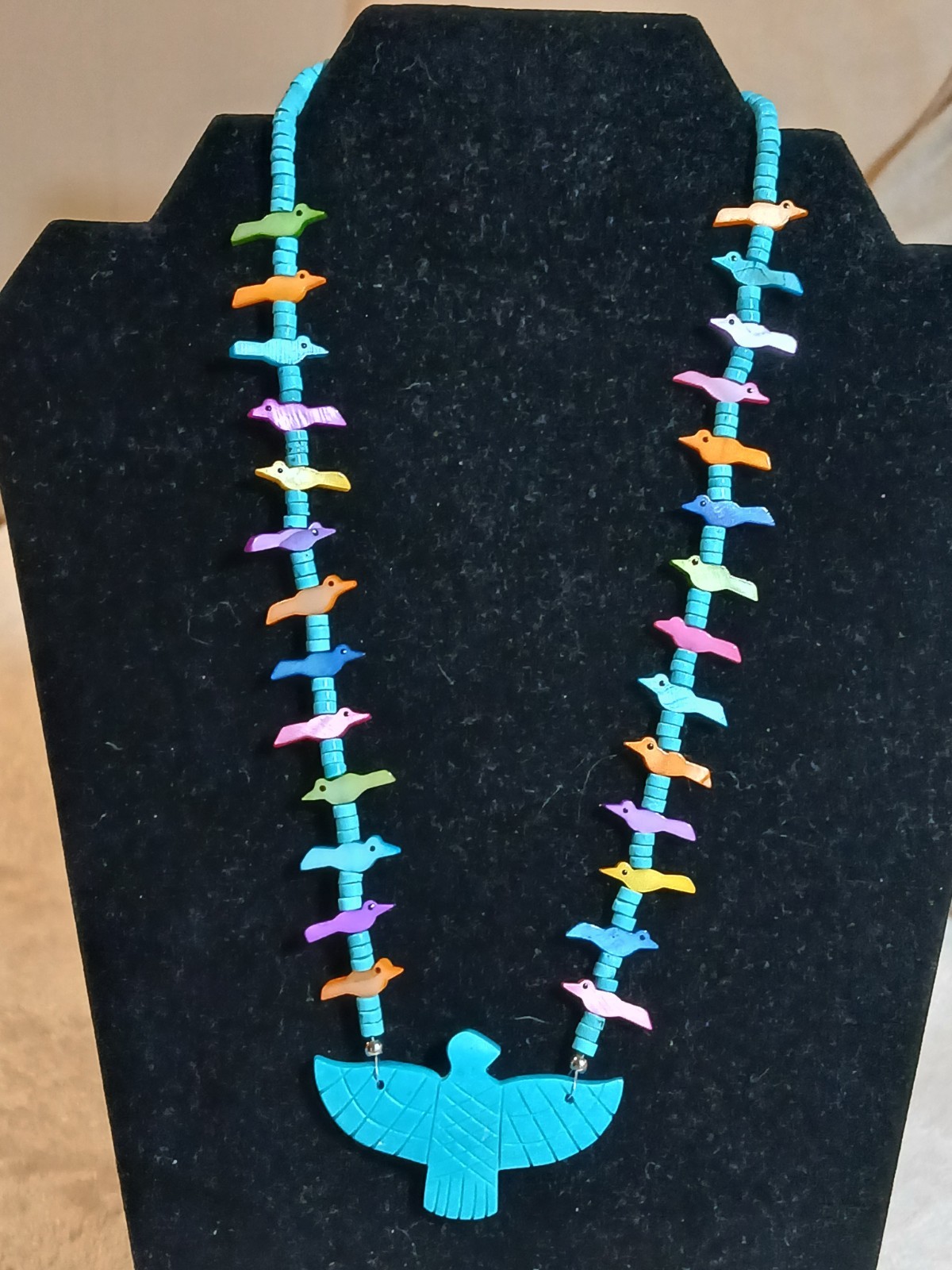 Vtg Native American Fetish Animals Birds Carved Turquoise Thunderbird Necklace 