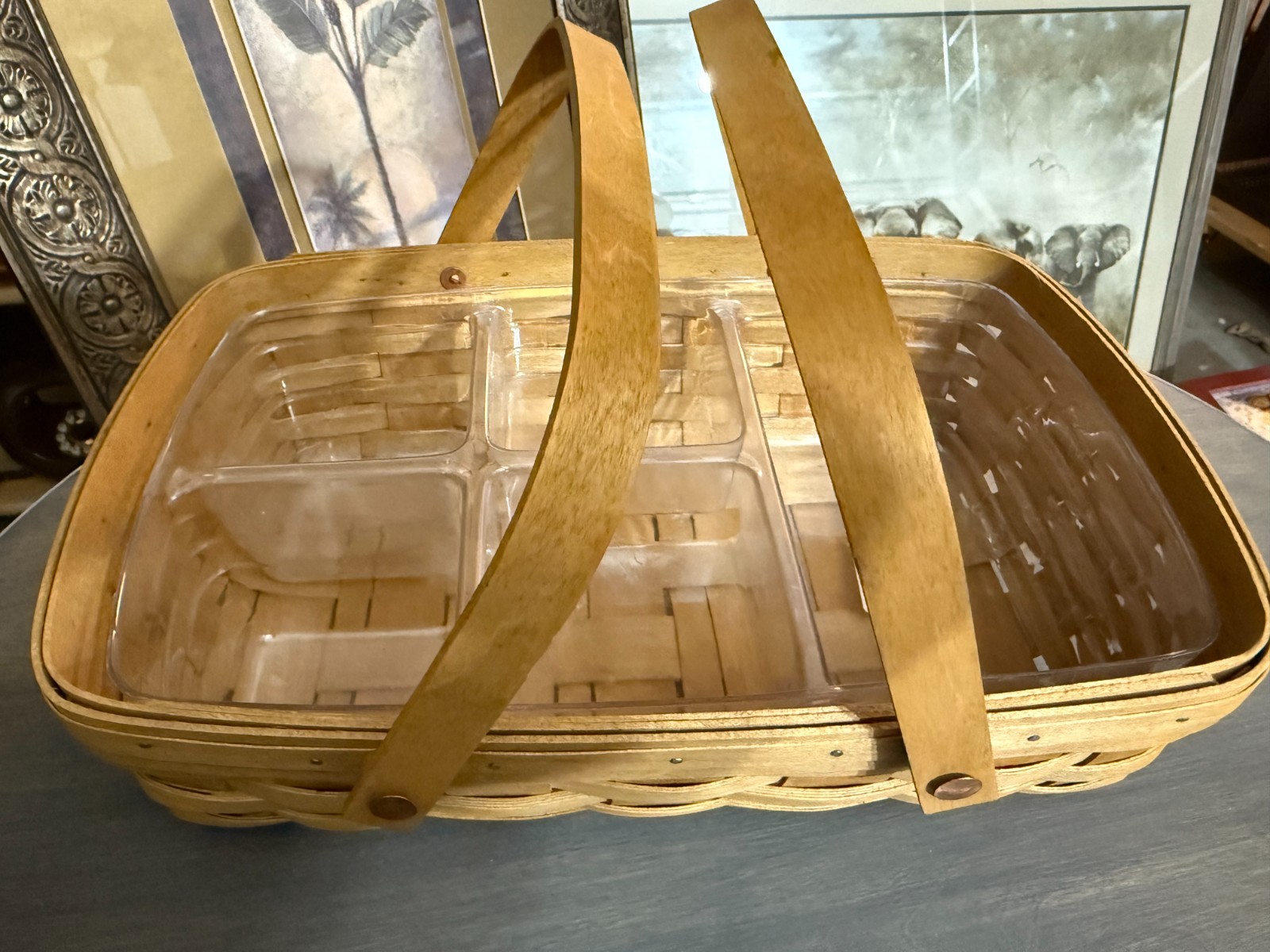 2004 Longaberger Woven Wood Car Caddy Basket with a Plastic Divider Insert 
