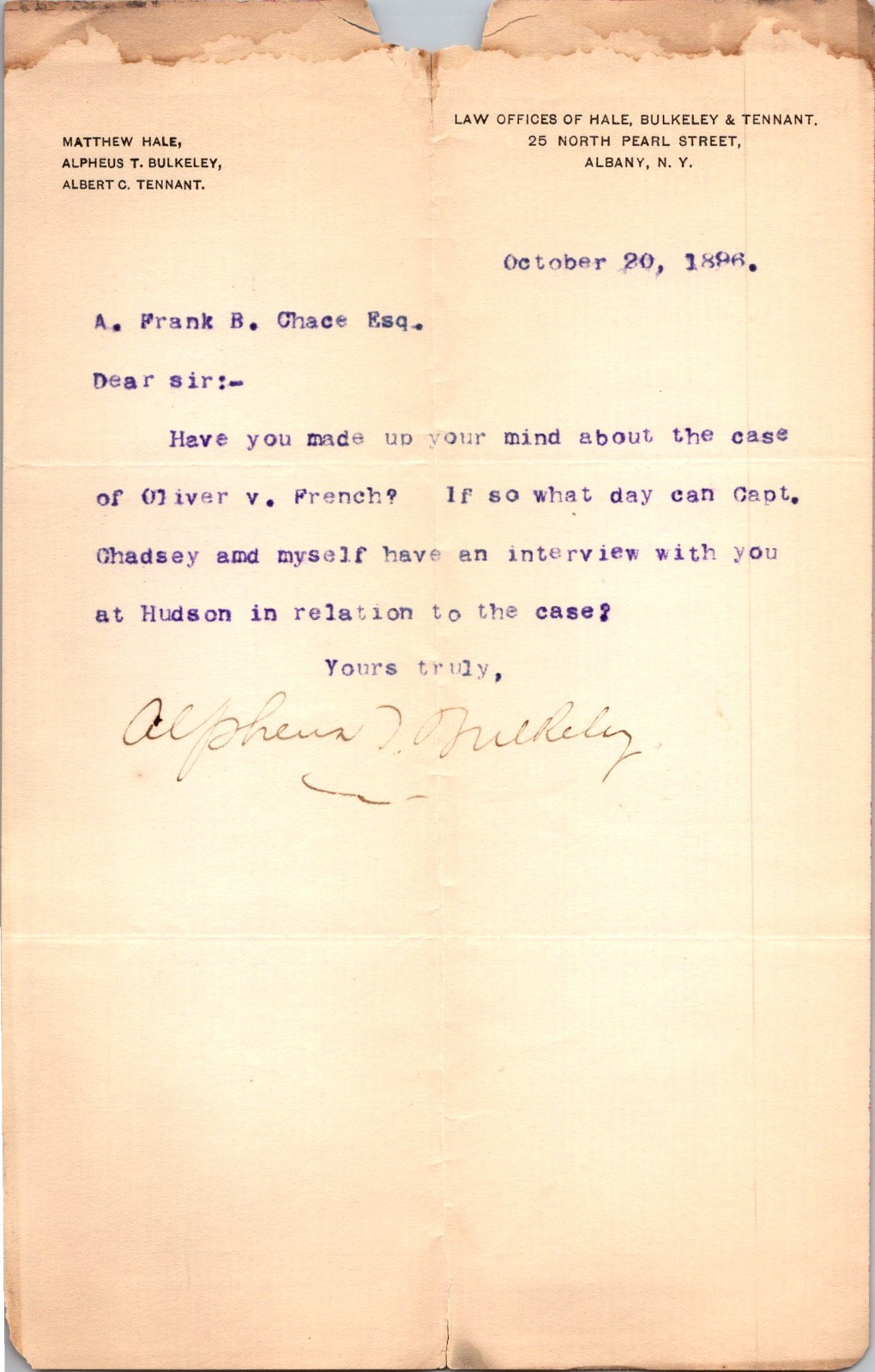Law Offices Of Hale Bulkeley & Tennant 1896 Albany NY Letterhead Billhead TL6