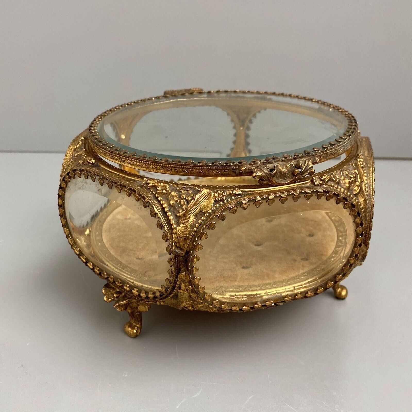 Antique Ormolu Filigree Ornate Beveled Glass Gilded Jewelry Casket 6-Sided READ
