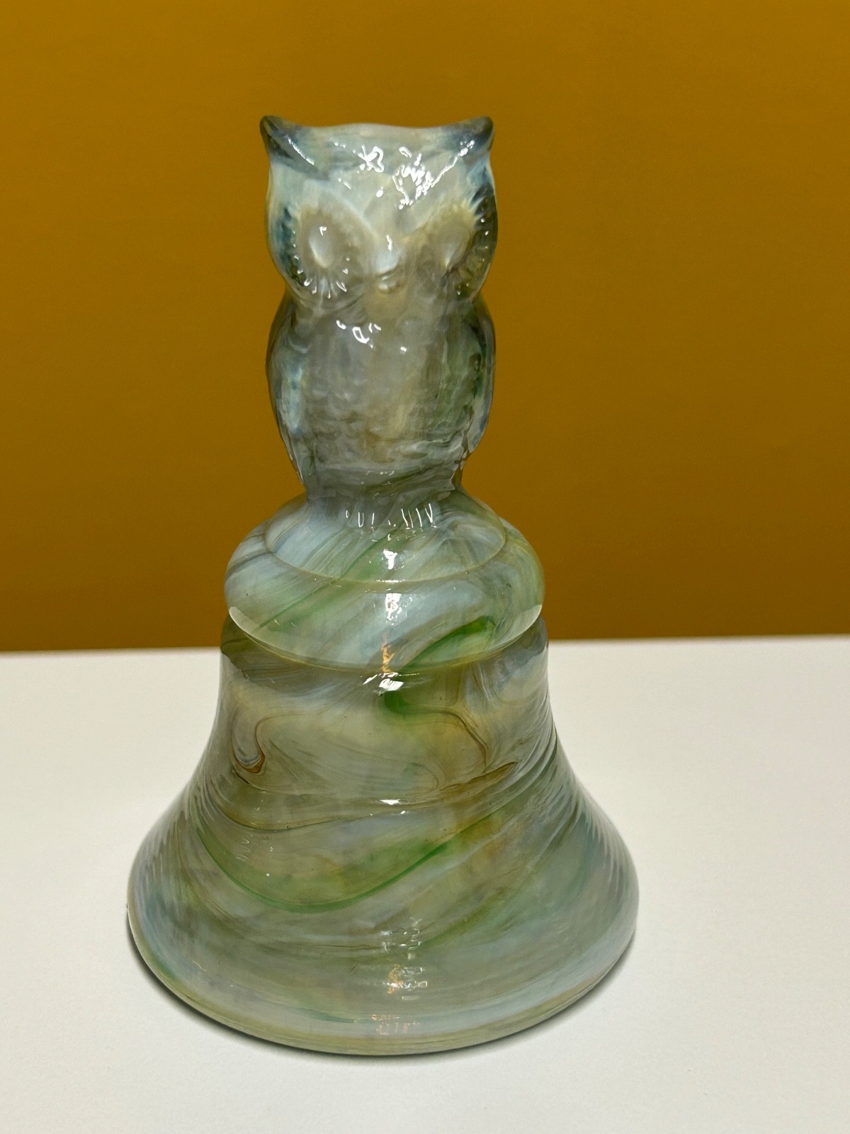 Boyd Crystal Art Slag Glass Owl Bell #5 VACATION SWIRL Made USA 6-25-82 Uranium