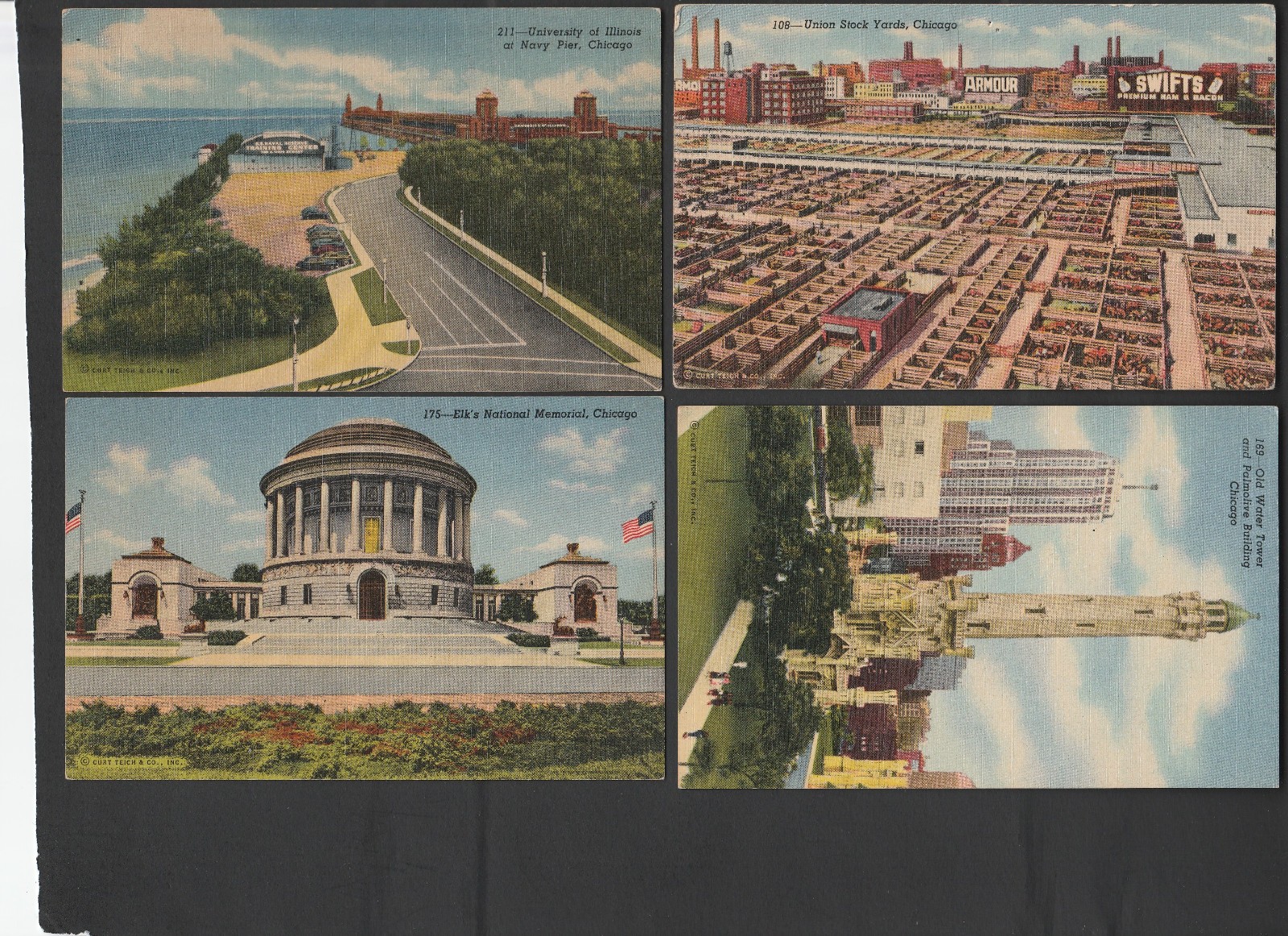 lot of 4 vintage Chicago postcards Navy Pier , Water Tower , Elk\'s Memorial 