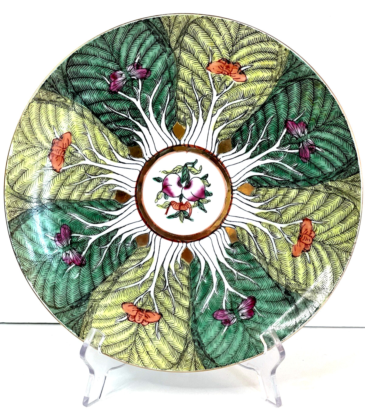Vintage Famille Verte Bok Choy Hand Painted Plate Butterflies Hong Kong 10.25”