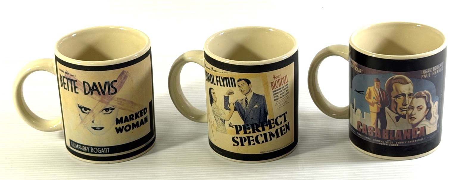 Lot of 3 Vintage 1991 Turner Movie Mugs Casablanca Perfect Specimen Marked Woman