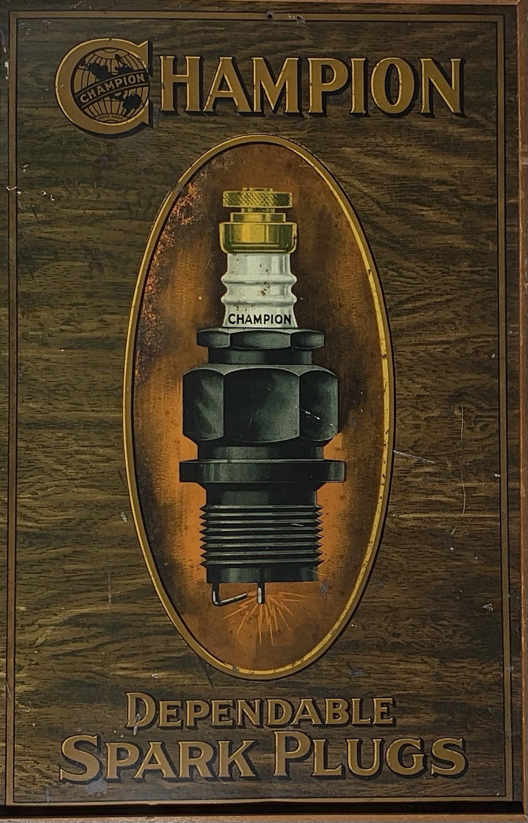 Antique CHAMPION SPARK PLUGS TIN Color LITHOGRAPH SIGN 1920’s Counter Display