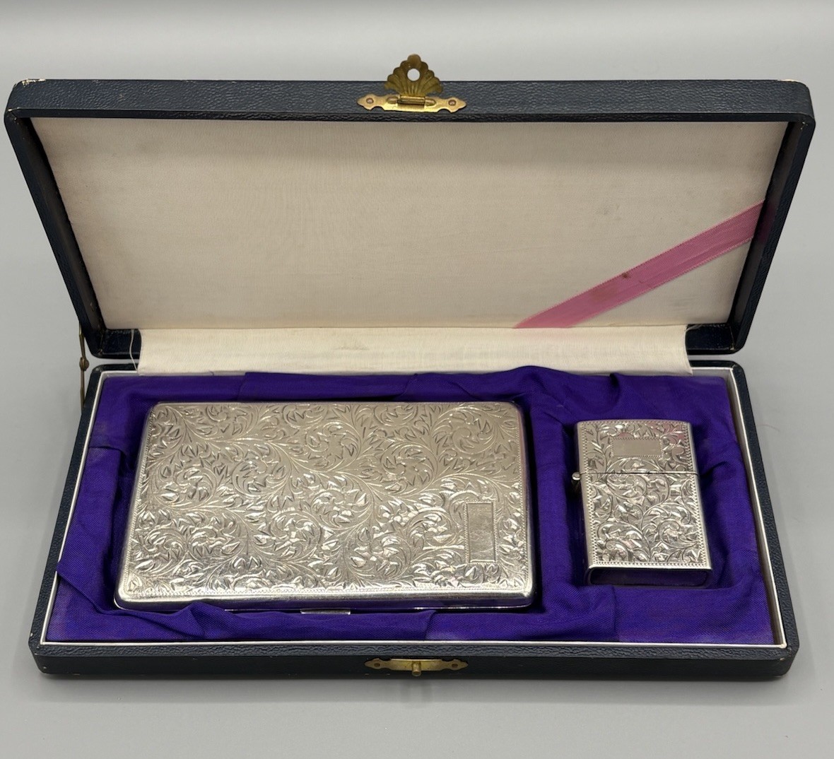 Vintage 95% 960 Silver Etched Cigarette Case And Lighter In Box 159g