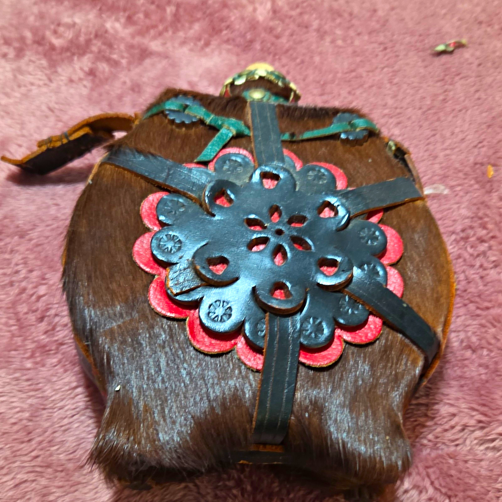 Vintage Brown Fur-Covered Flask w/ Leather Straps & Metal Medallion