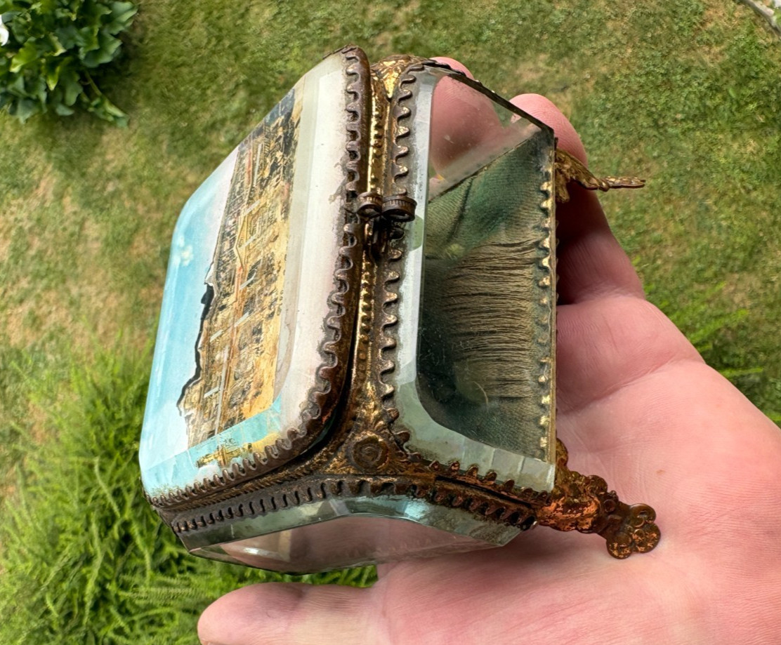 Antique French Ormolu Beveled Glass Jewelry Trinket Box Lille La Gare