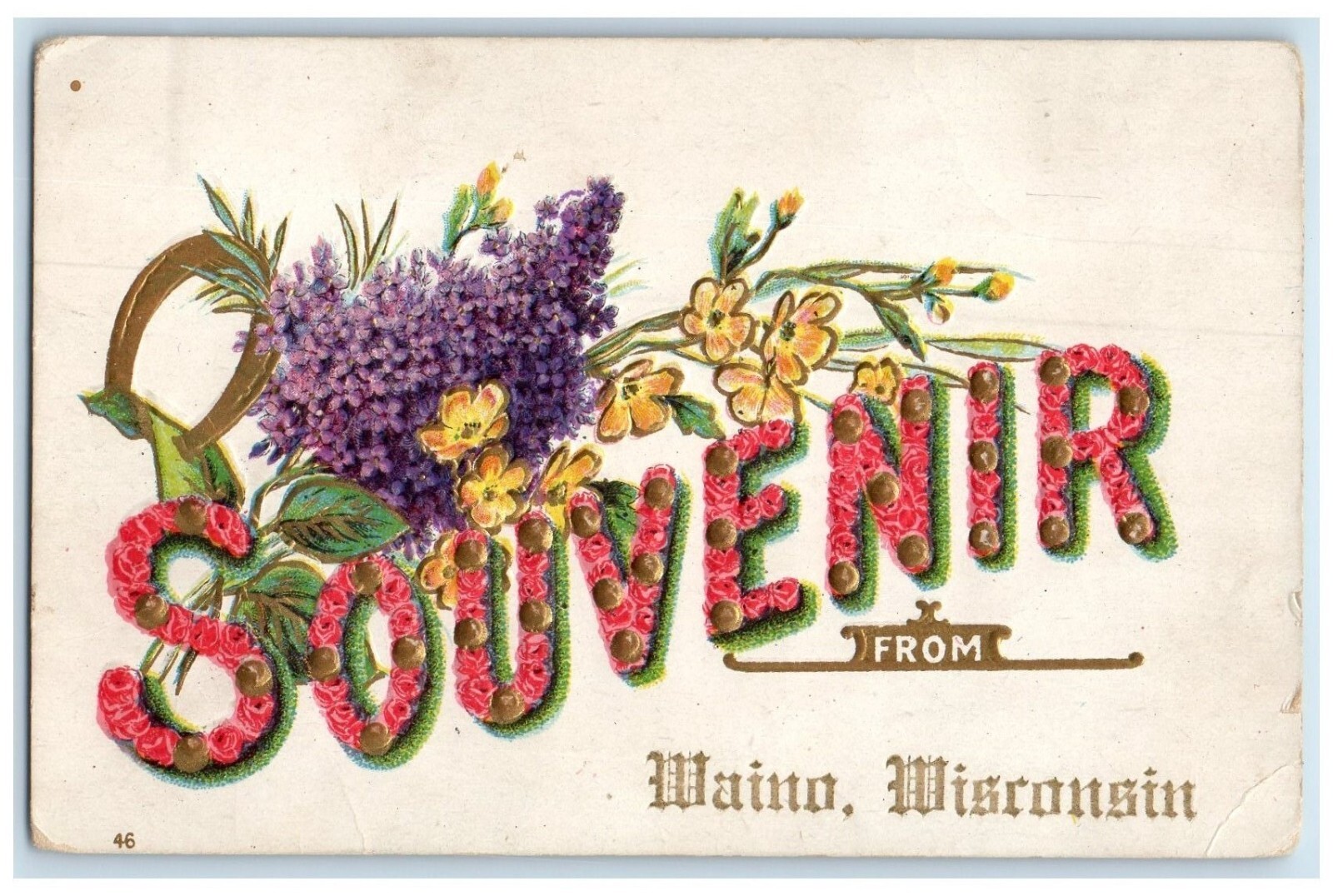 c1910 Souvenir From Flowers Embossed Waino Wisconsin WI Vintage Antique Postcard