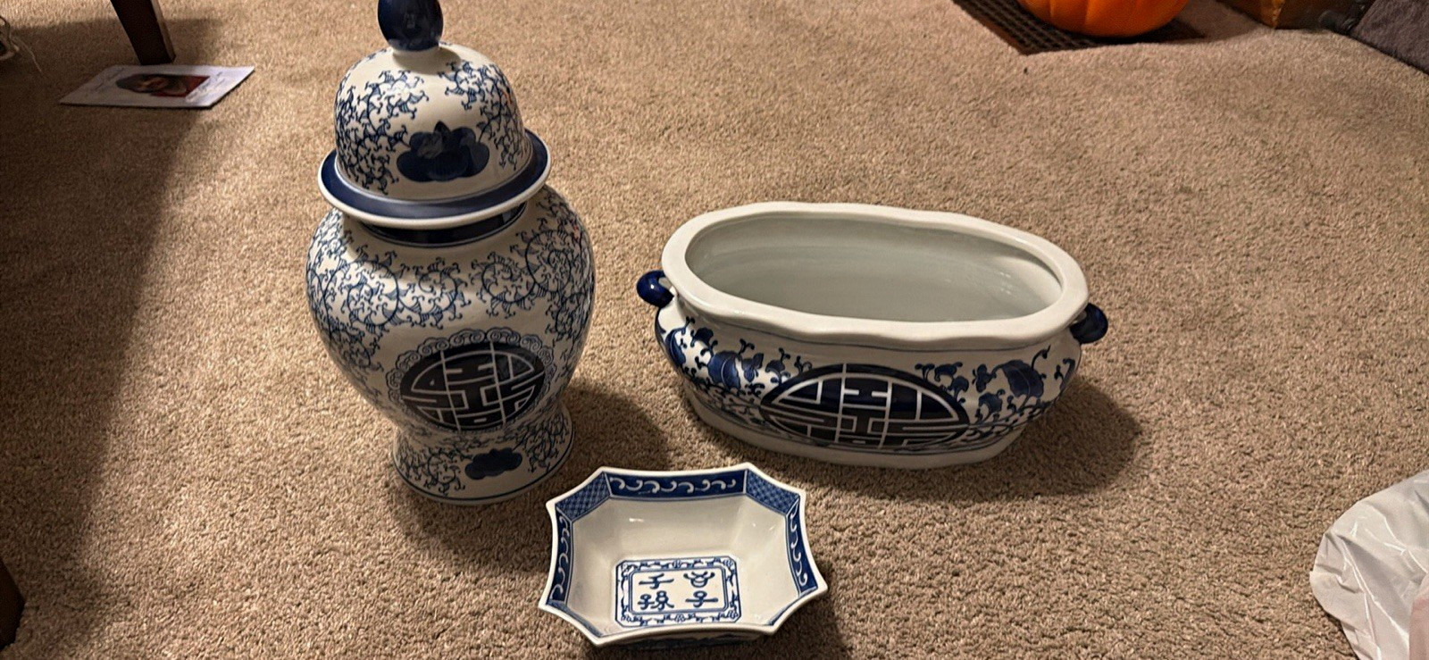 Bombay Blue & White Porcelain Ginger Jar/Vase w/ Lid & Matching Bowl China