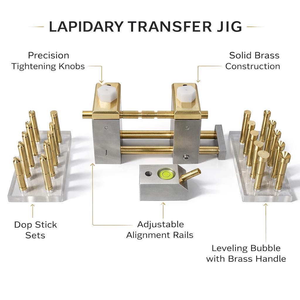 Lapidary Transfer Jig Kit: Stainless Steel, Brass Dops, Adjustable Angle Dop Too