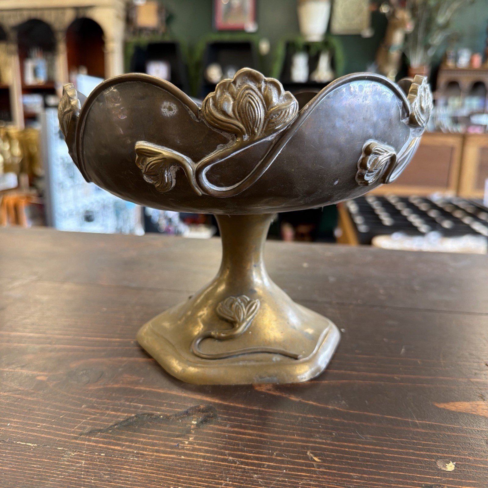 Vintage Bronze Lotus Leaf Compote Centerpiece Pedestal Bowl Michael Goedhuis
