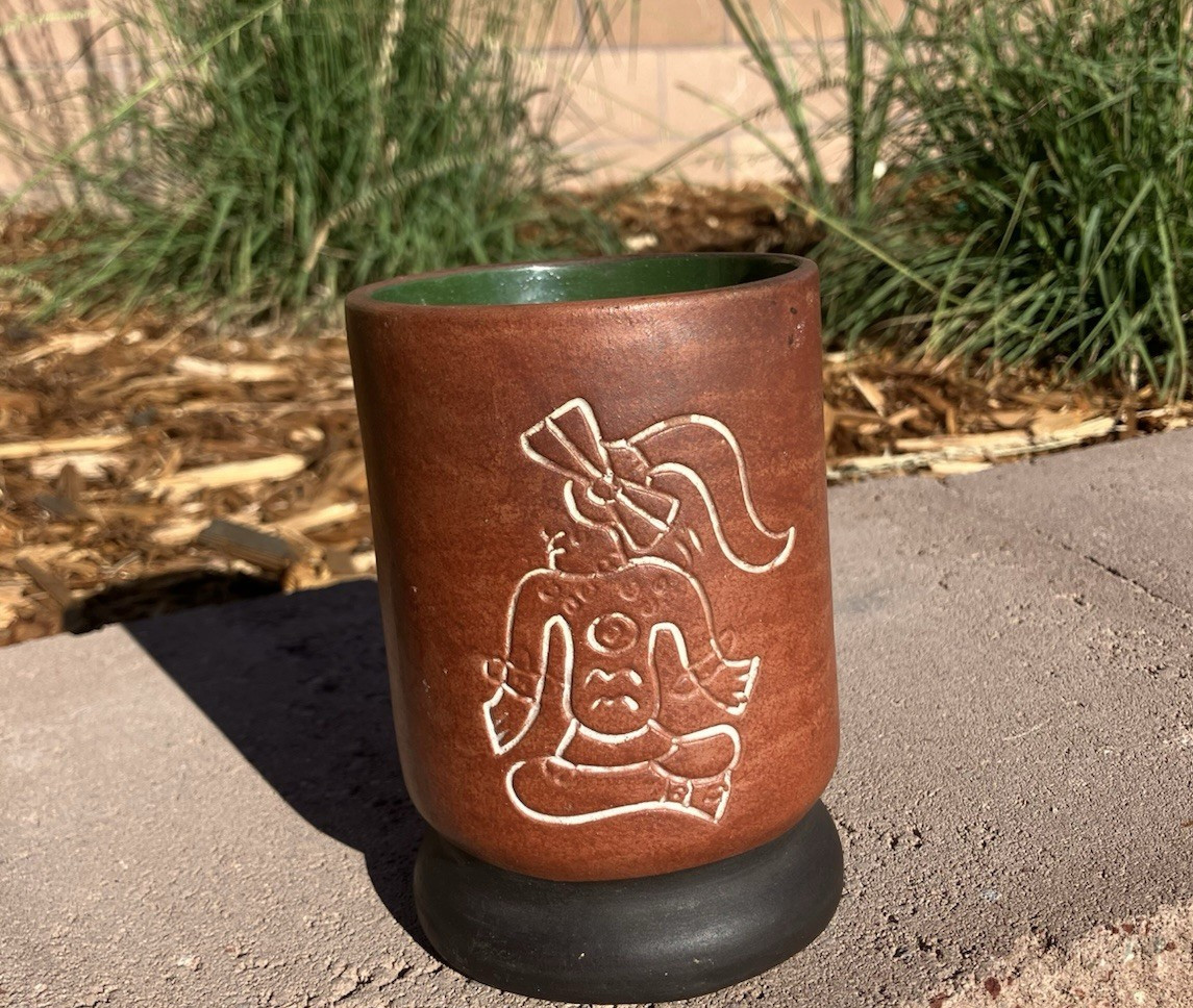 VTG Leopoldo De Mexico Pottery Vase Aztec Mayan Figure Brown Green 5”