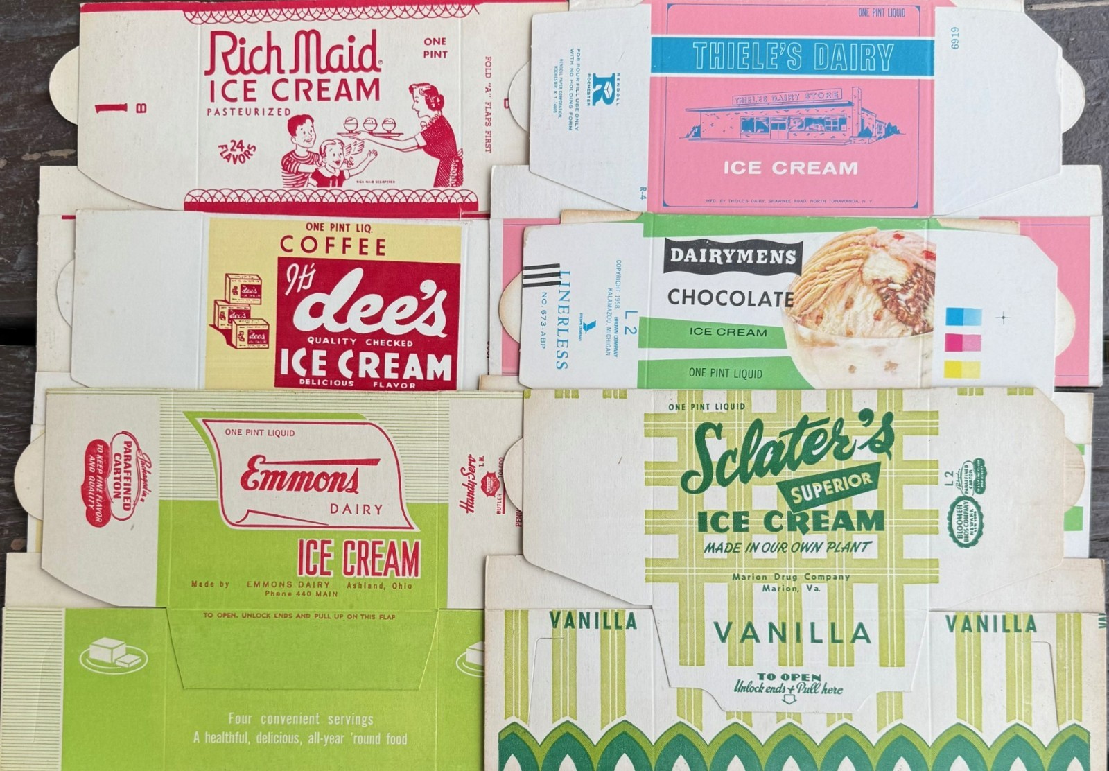 Vintage Lot of Six (6) Pint Ice Cream Boxes “NOS” Superb Graphics