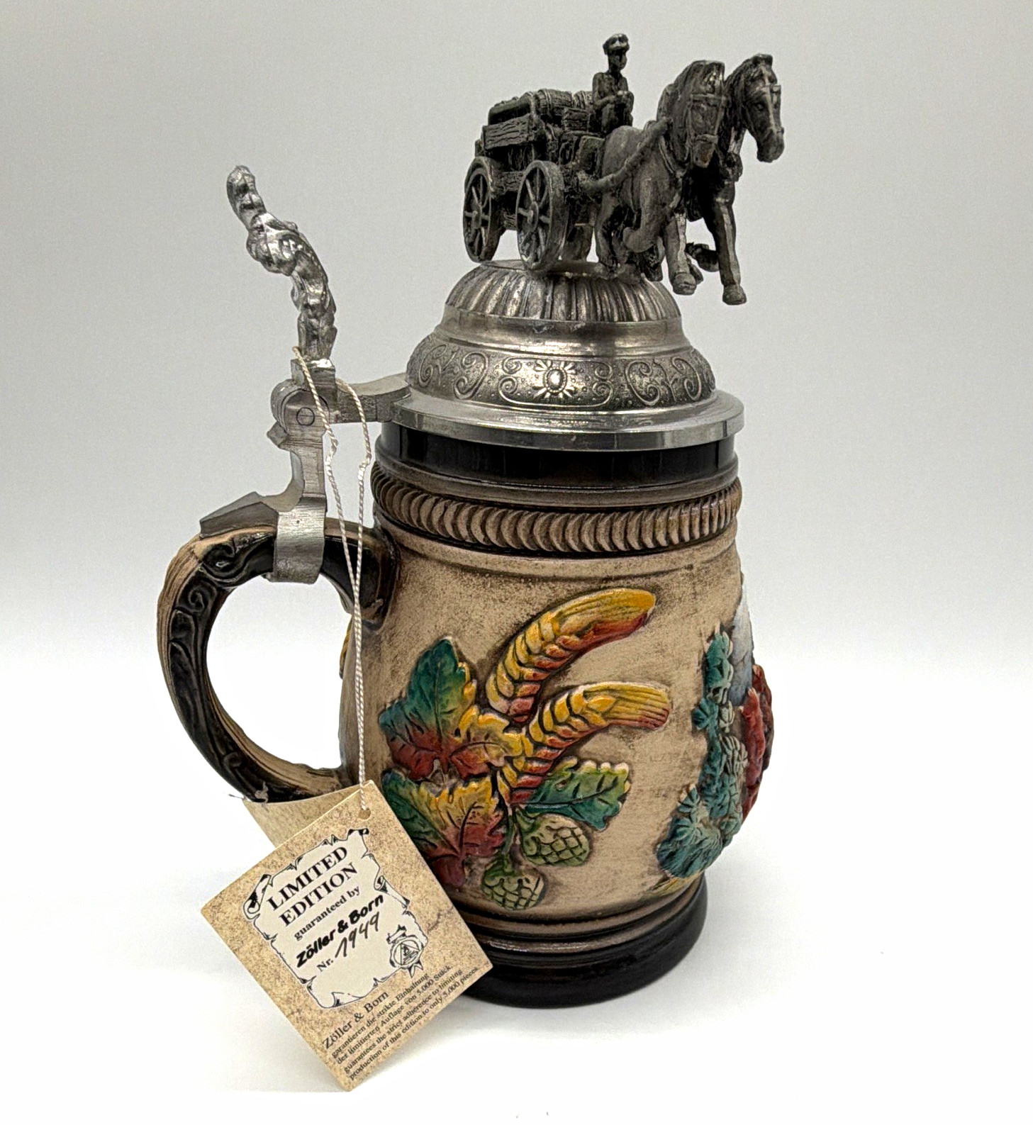 Zöller & Born Limited Edition German Lidded Beer Stein Horse Wagon Pewter Lid