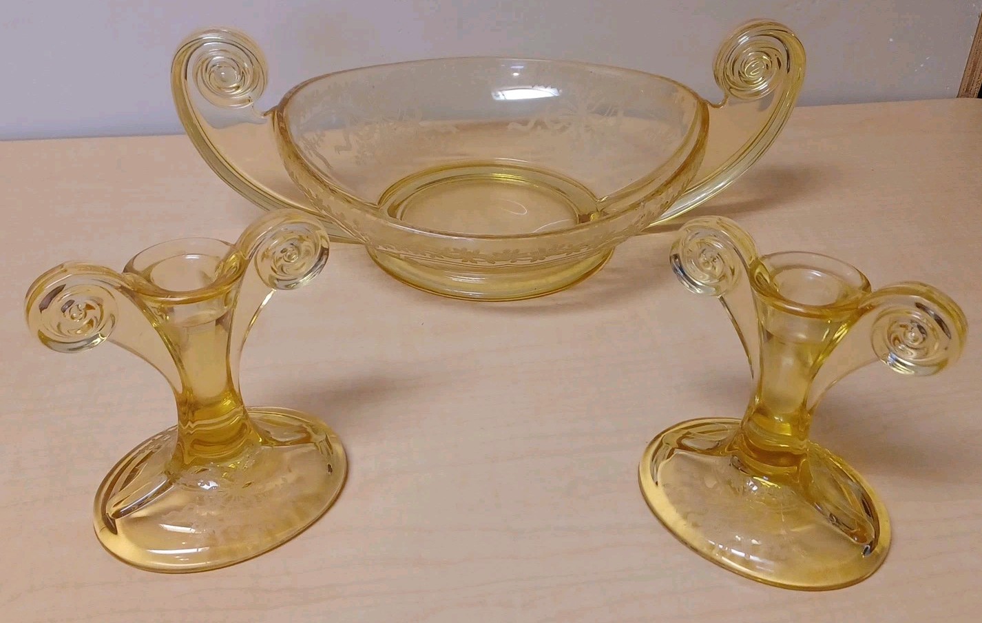 1930s Fostoria June Topaz Etched Centerpiece Bowl & 2 Candlestick Holders 