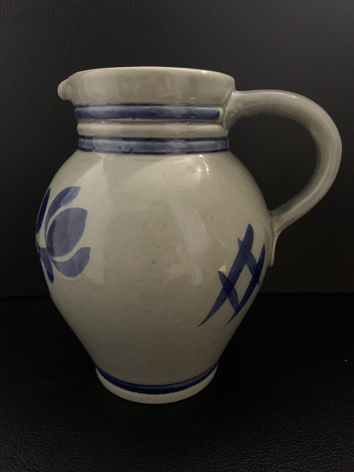 Vintage Ceramic Pottery Pitcher with Cobalt Blue Designs 6.75\