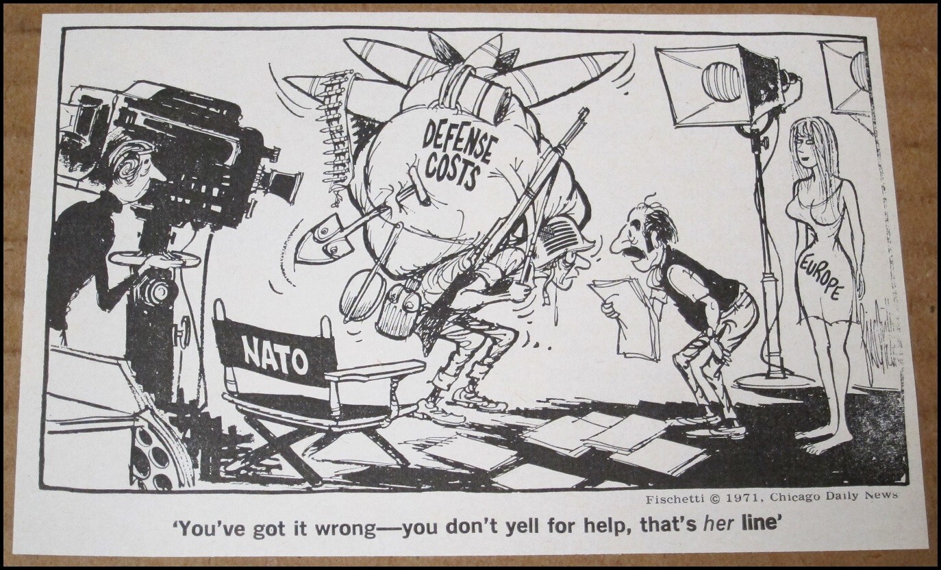 1971 NATO Defense Costs Political Cartoon Clipping USA vs Europe John Fischetti