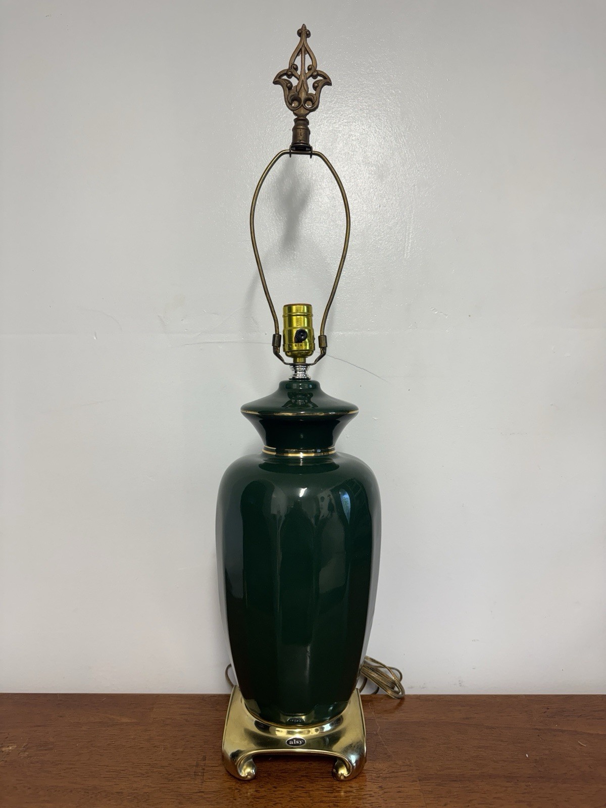 MCM Hollywood Regency Green Ceramic Table Lamp Brass Base Vintage 30” Tall