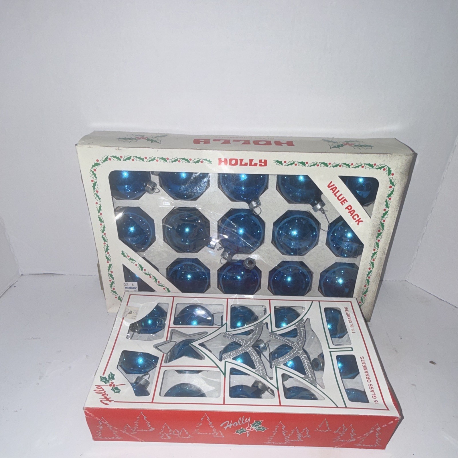 30 Count Vintage Holly Glass Christmas Ornaments Blue Original Box
