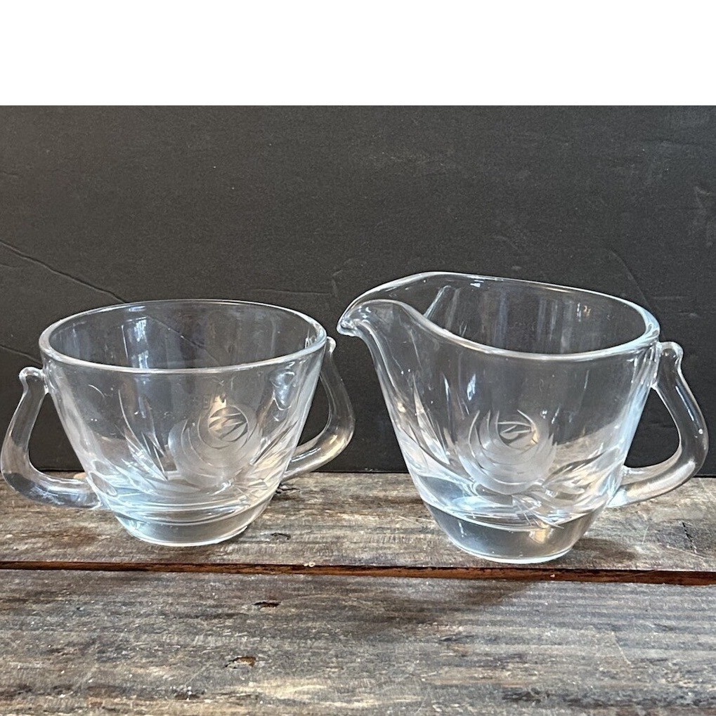 Fostoria Crystal Rose Etched Clear Glass Creamer Sugar Bowl Set MCM Floral Vtg