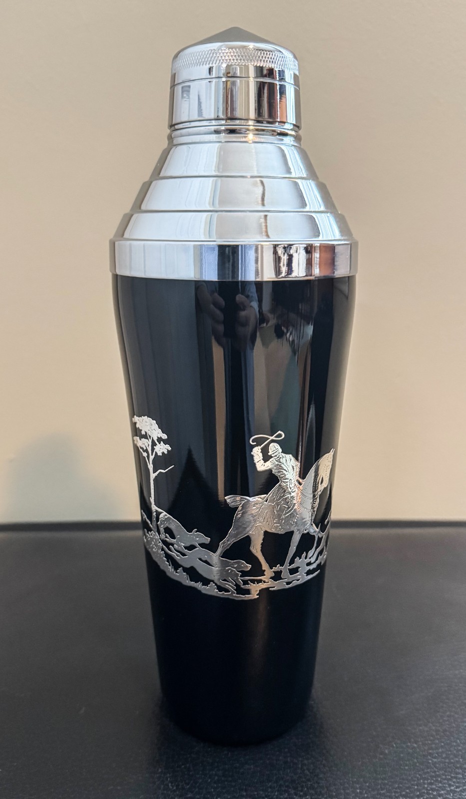 MINT DECO BLACK AMETHYST GLASS FOX HUNT COCKTAIL SHAKER BY ROCKWELL SILVER C1934
