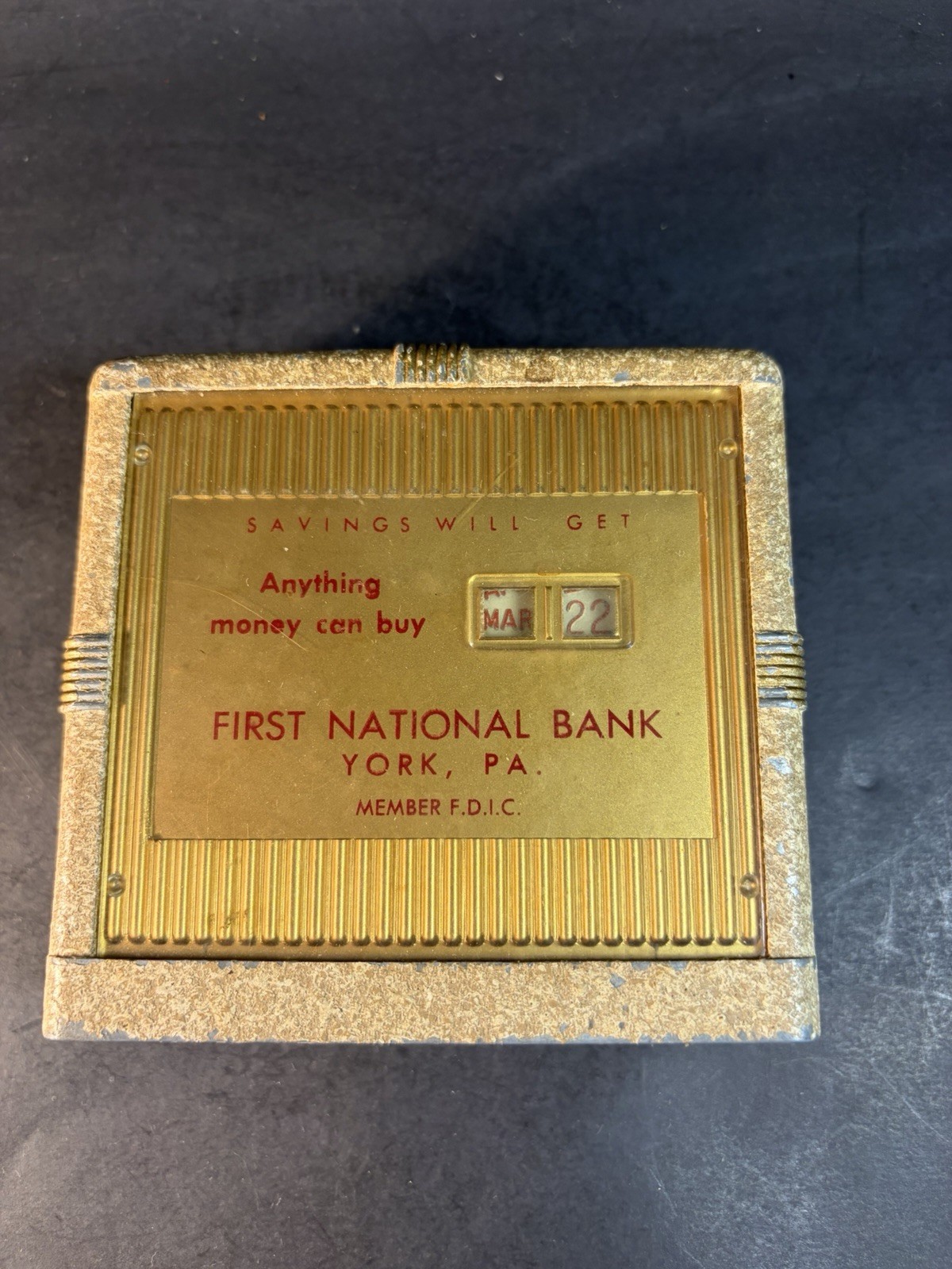 The First National Bank Of York Pa. Metal Coin Bank -with Key