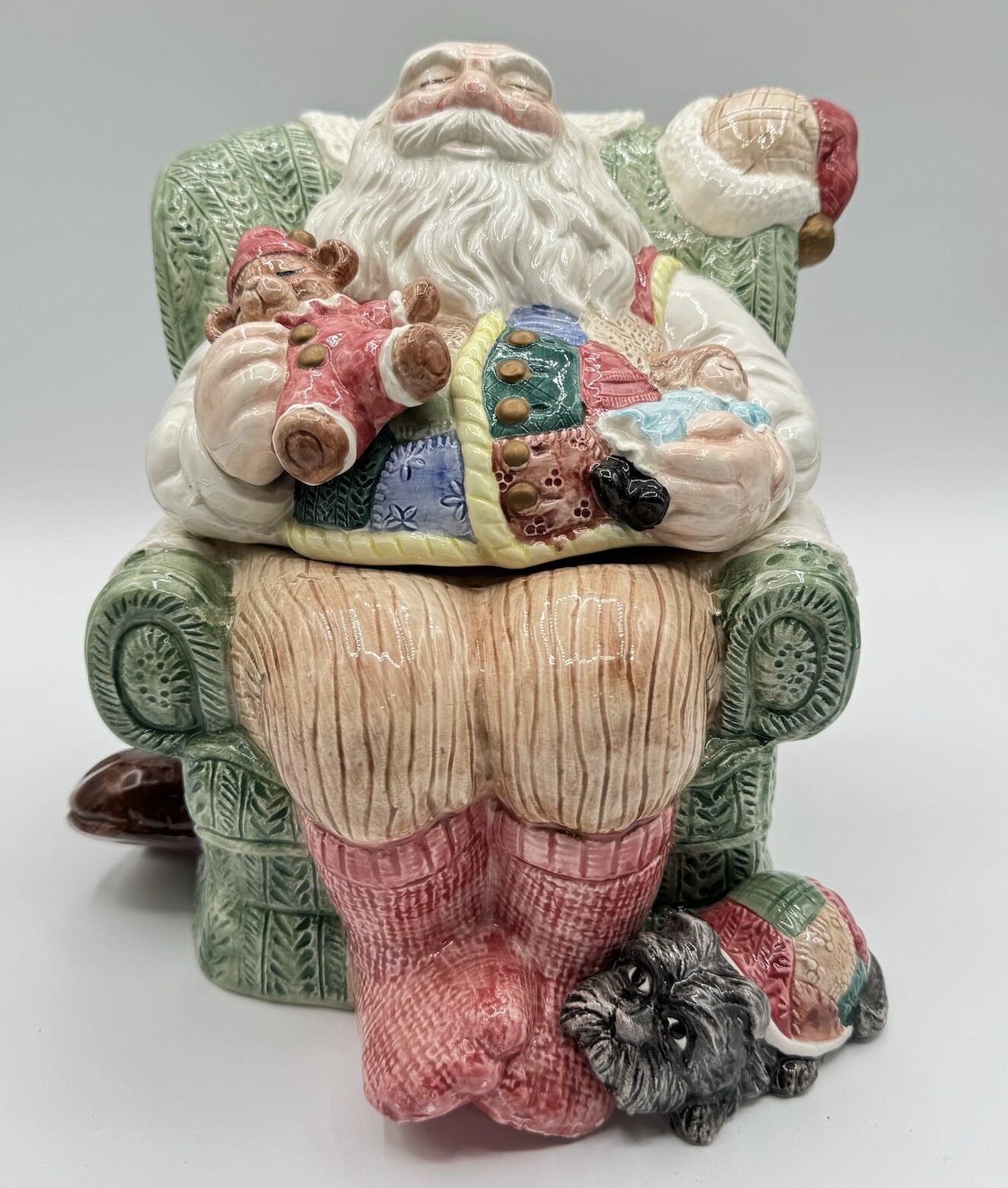 VTG Fitz & Floyd 1992 Scottie Dog Christmas Quilt Santa In Chair Cookie Jar EUC