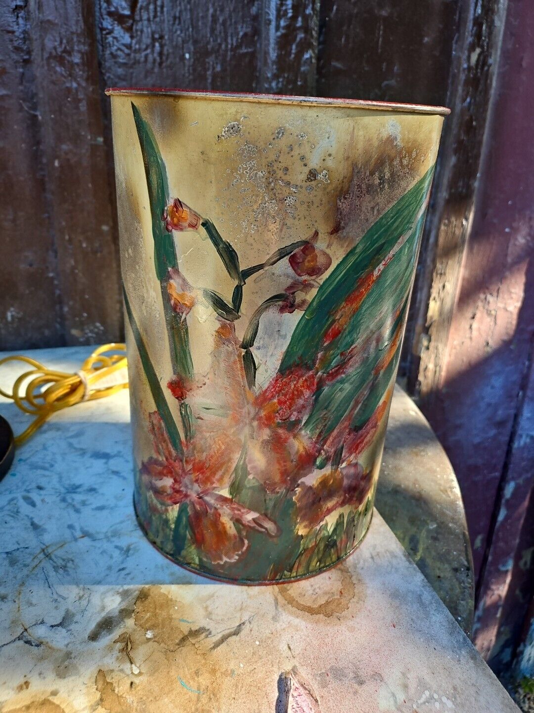 VTG Victorian Hand Painted Bucket  Trash Can Waste Iris 11x8
