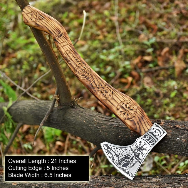 Hand Forged Viking Style Vegvisir Etched Bearded Axe