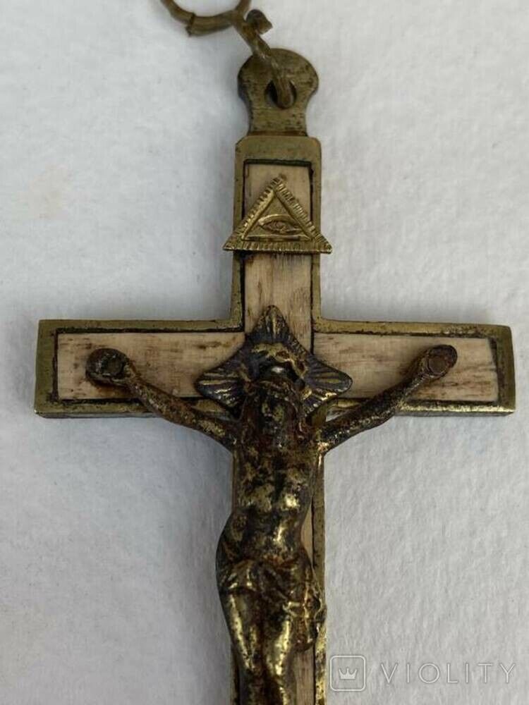 Antique Cross Jesus Bronze Christian Religion Eye Pendent Art Rare Old 20th