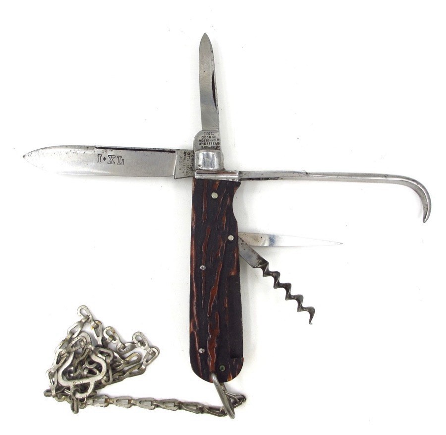 Antique George Wostenholm IXL Horseman Pocket Knife Stag Sheffield England Chain