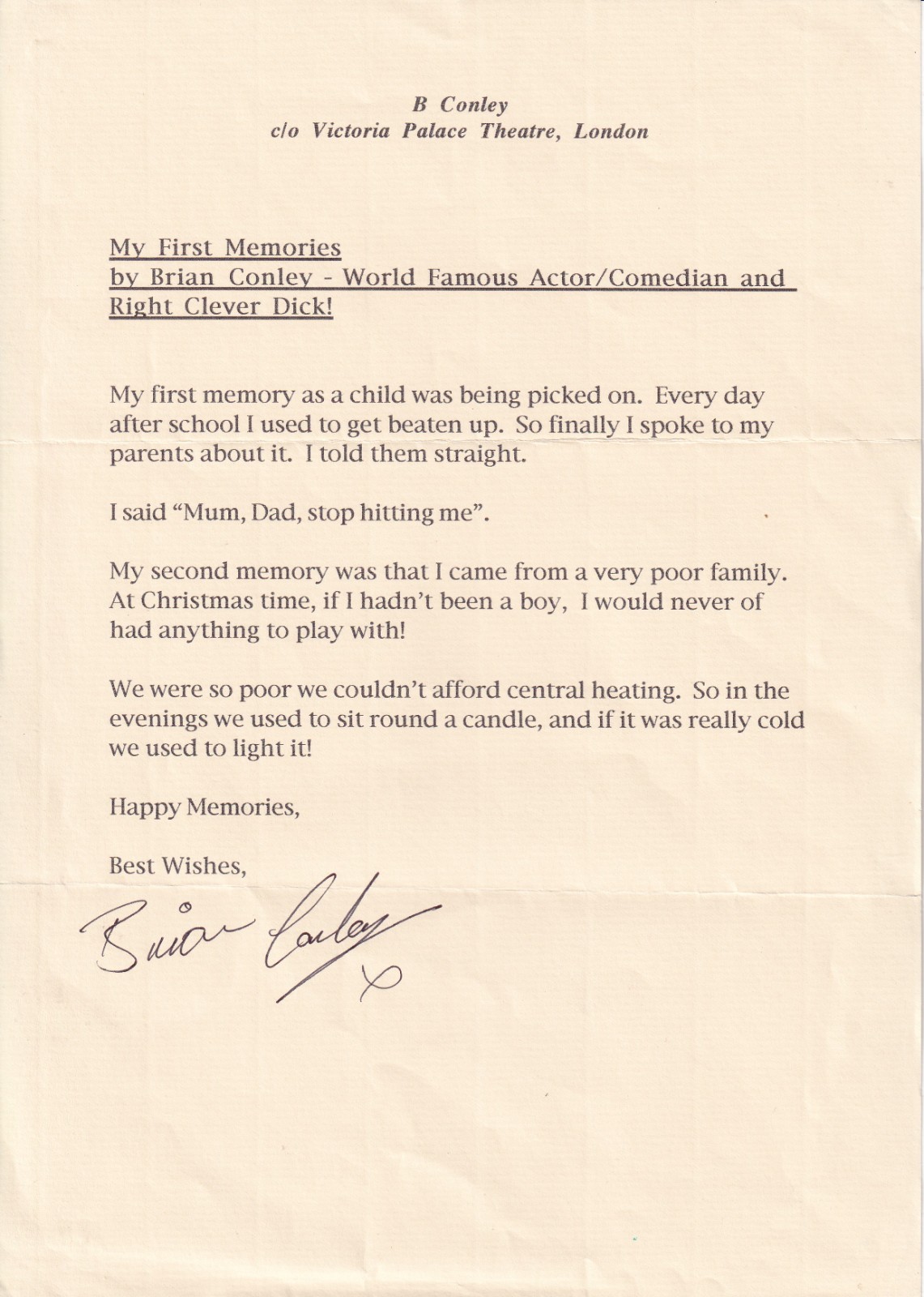 Brian Conley Comedian ALS Autograph 1990s Source Letter Macmillan Charity Quote