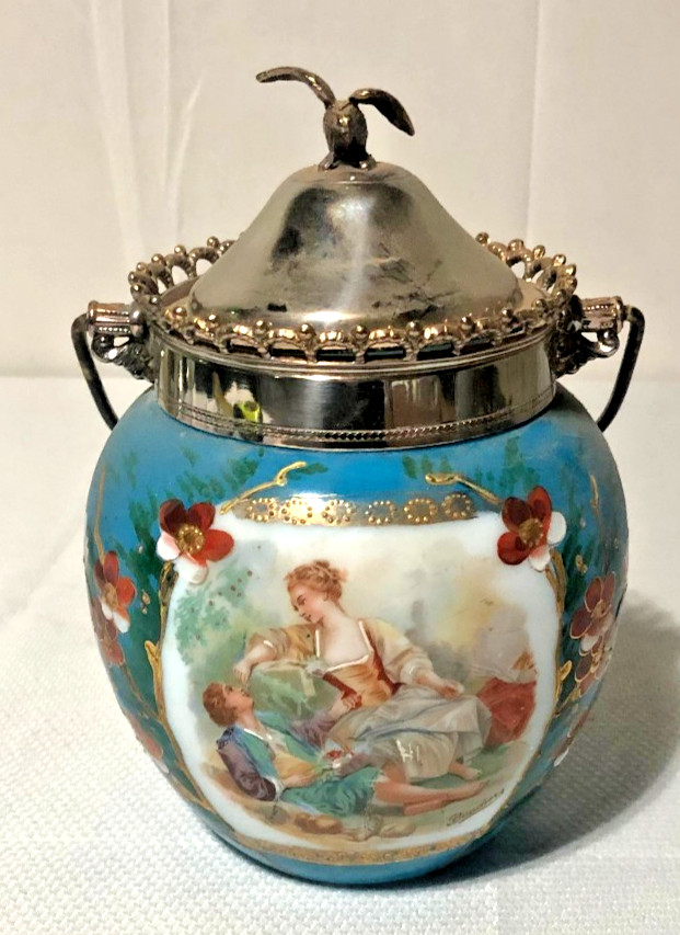 Antique Victorian 1890s Blue Hand Paint Glass Biscuit Jar/Silver Plate Bird Lid