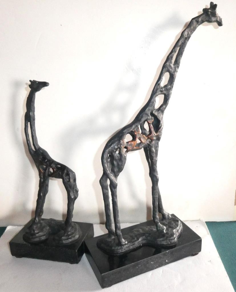 2 Brutalist Design Cast Iron Giraffe Mother With Calf Sculpture On Granite Base