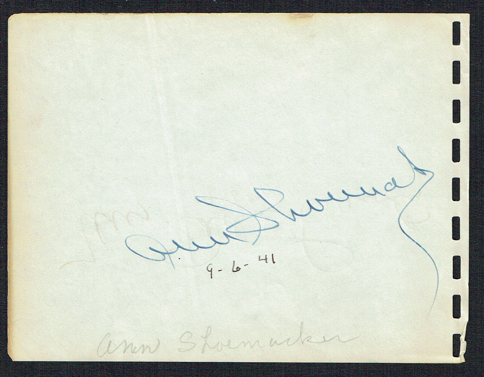 Ann Shoemaker (d. 1978) signed autograph 4x5 Album Page 